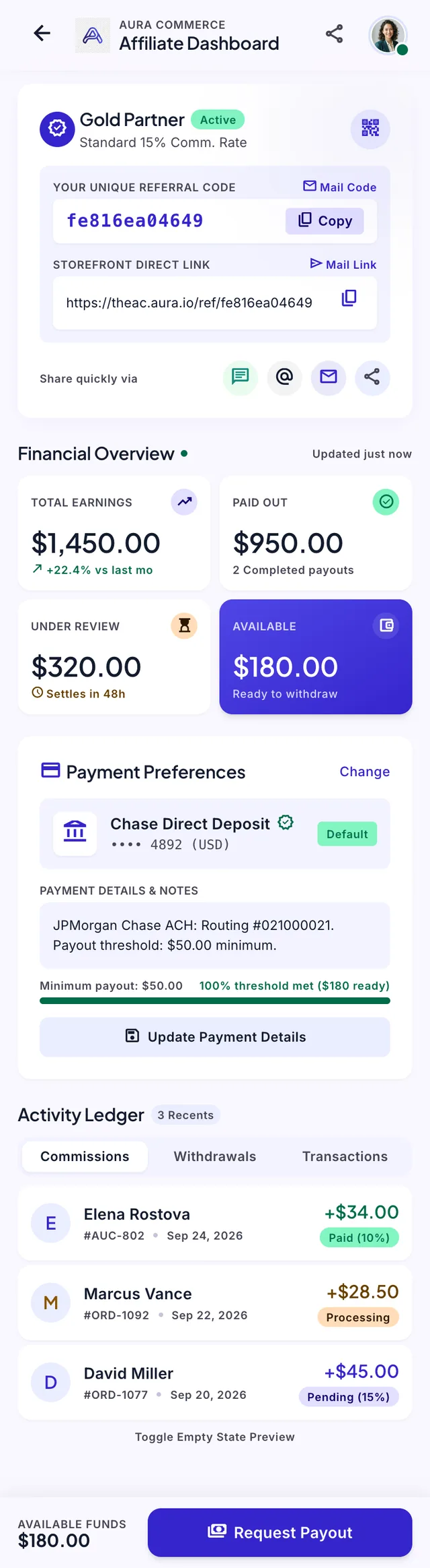 Affiliate dashboard: a referral code and link, a financial overview, payment preferences and an activity ledger.