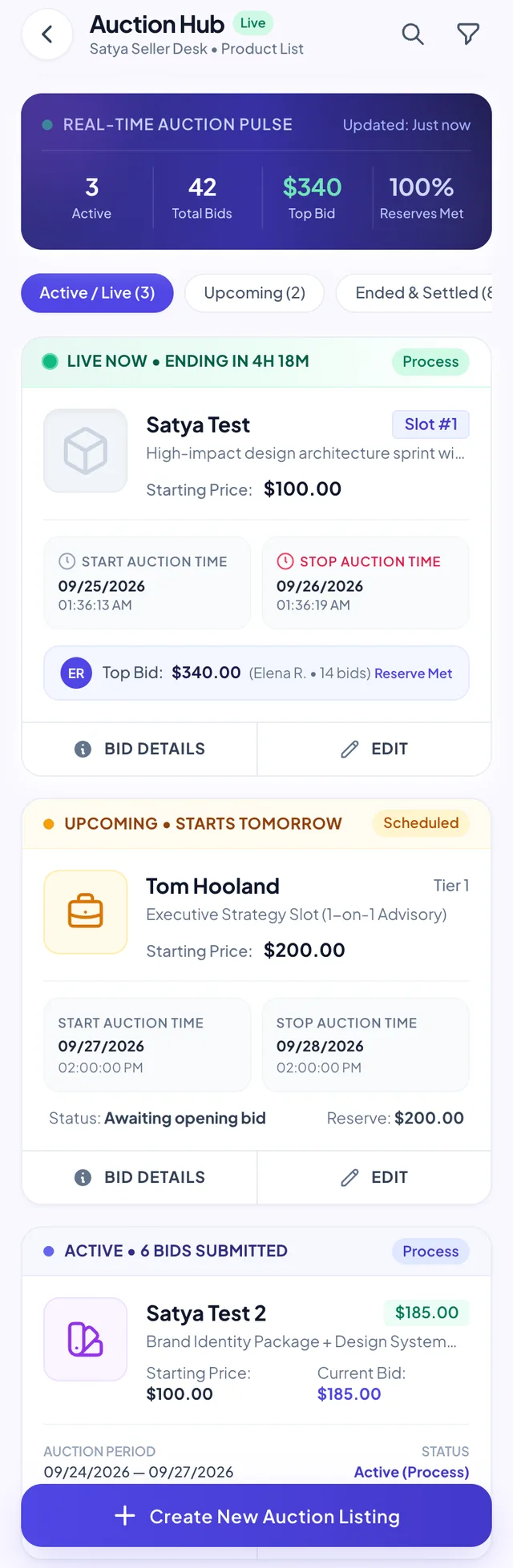 Auction hub: live auction totals and a list of live, upcoming and ended auctions.