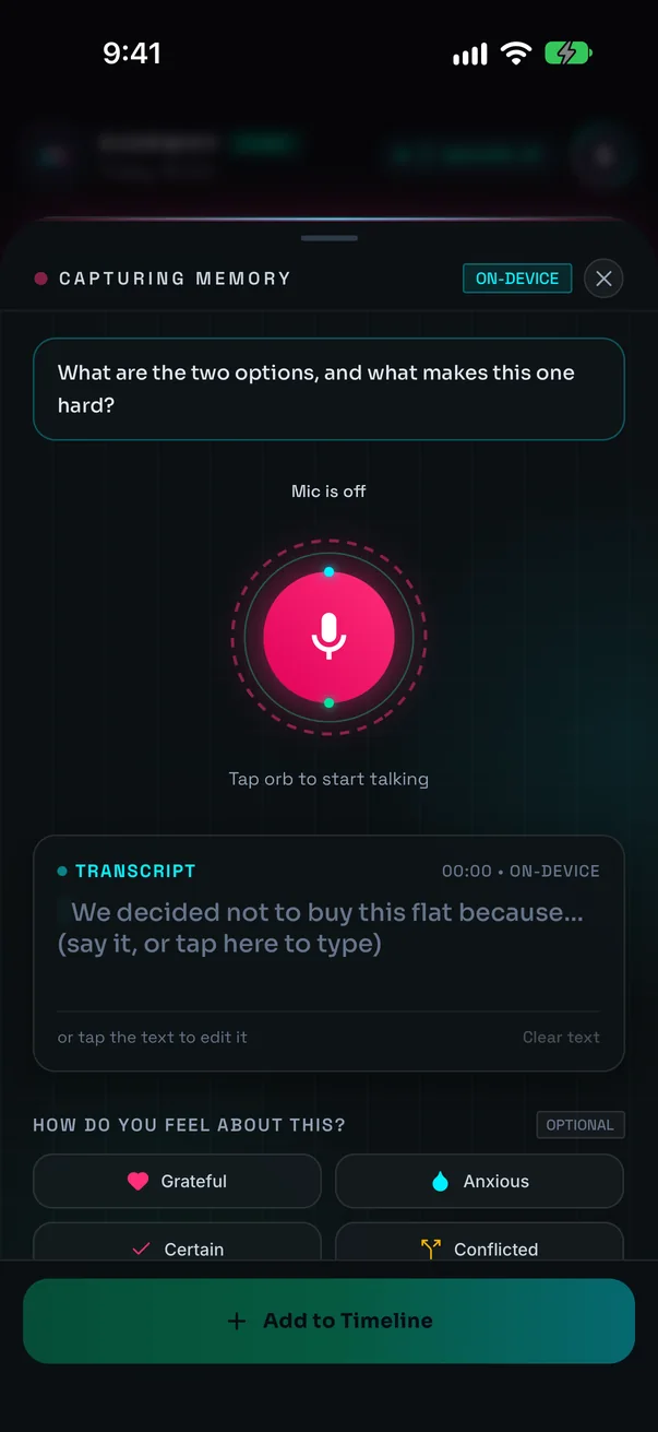 Capture screen: a question to answer, a pink microphone button, the transcript box and emotion choices.