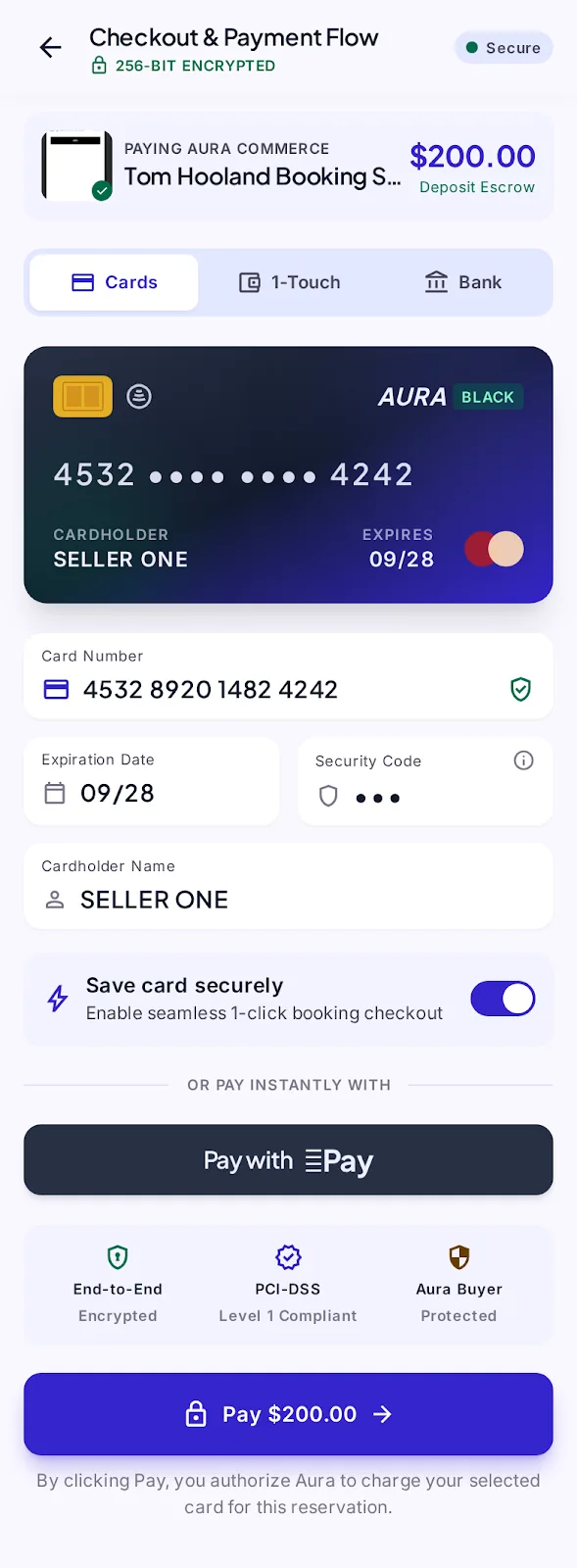 Checkout: the booking being paid for, card details, a save-card switch and the pay button.