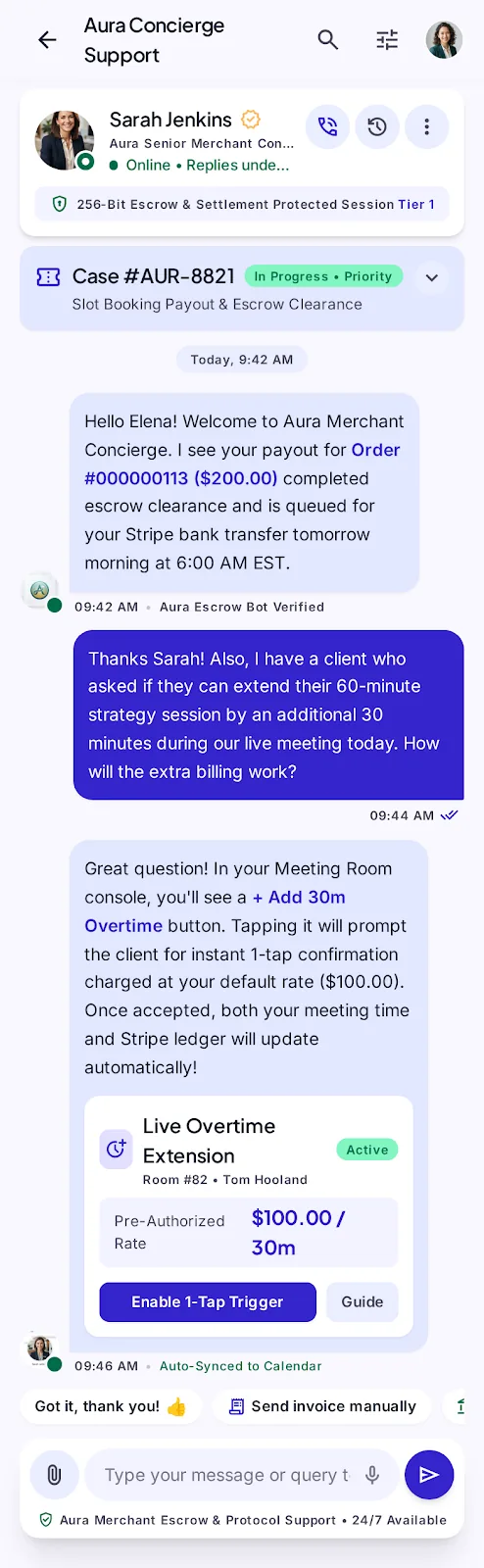 Concierge chat: a conversation between a seller and marketplace support about a payout and a session extension.