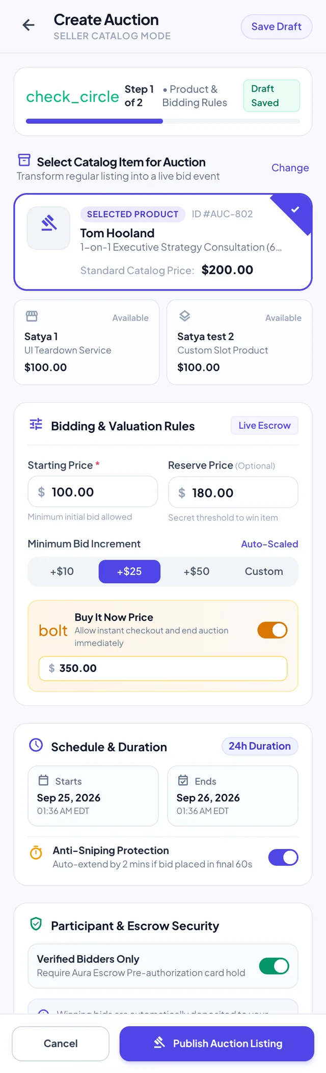 Create auction: choose the catalog item, starting and reserve price, bid increment and schedule.