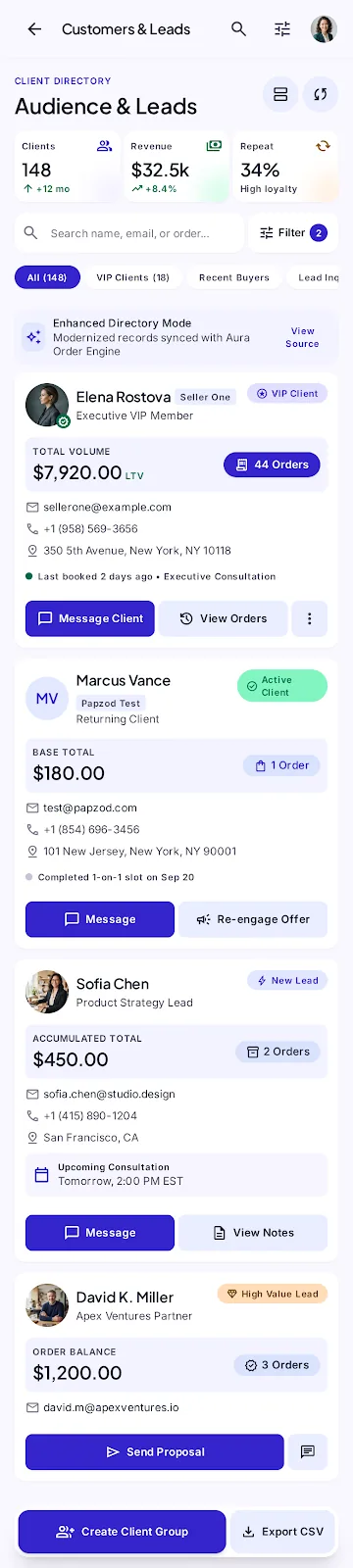 Customers and leads: client counts and revenue, a searchable list of customers with their order totals and contact details.
