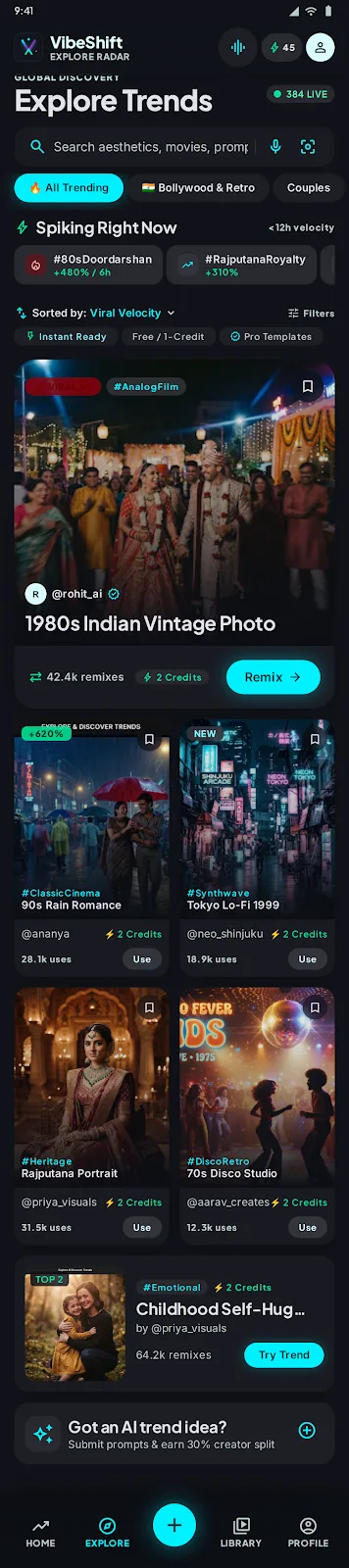 Explore: a search bar, trends that are spiking right now, and a grid of templates with their remix counts.