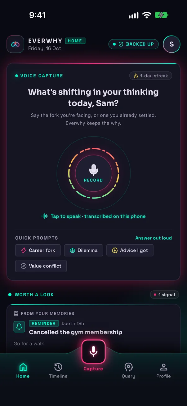 EverWhy Home screen: a voice capture card with a record button and quick prompts, and a reminder under “Worth a look”.