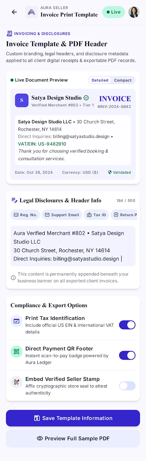 Invoice template: a live preview of the invoice header, legal disclosure fields and export options.