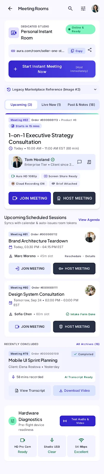 Meeting rooms: a personal meeting room, upcoming scheduled sessions with join and host buttons, and past meetings.