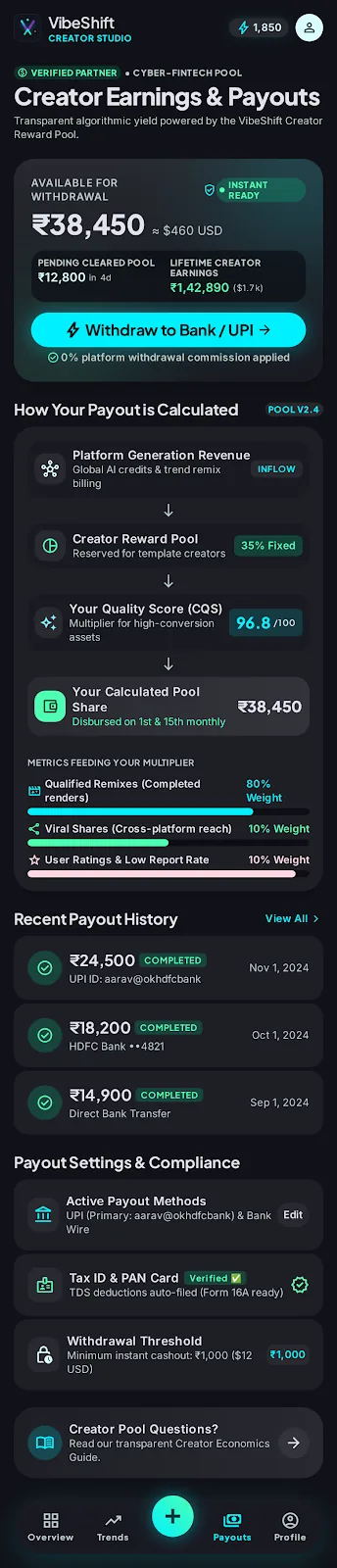 Creator earnings and payouts: the balance available to withdraw, how the payout is calculated, payout history and tax settings.