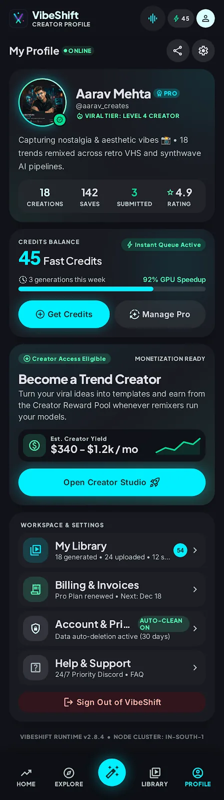 Profile: the creator’s identity card, credits balance, Pro options and links to the library, billing and privacy.