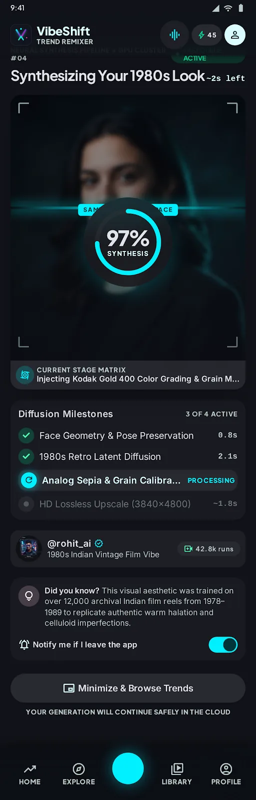 Generation progress: a progress ring over the photo, a list of stages, the template’s creator and a notify-me switch.