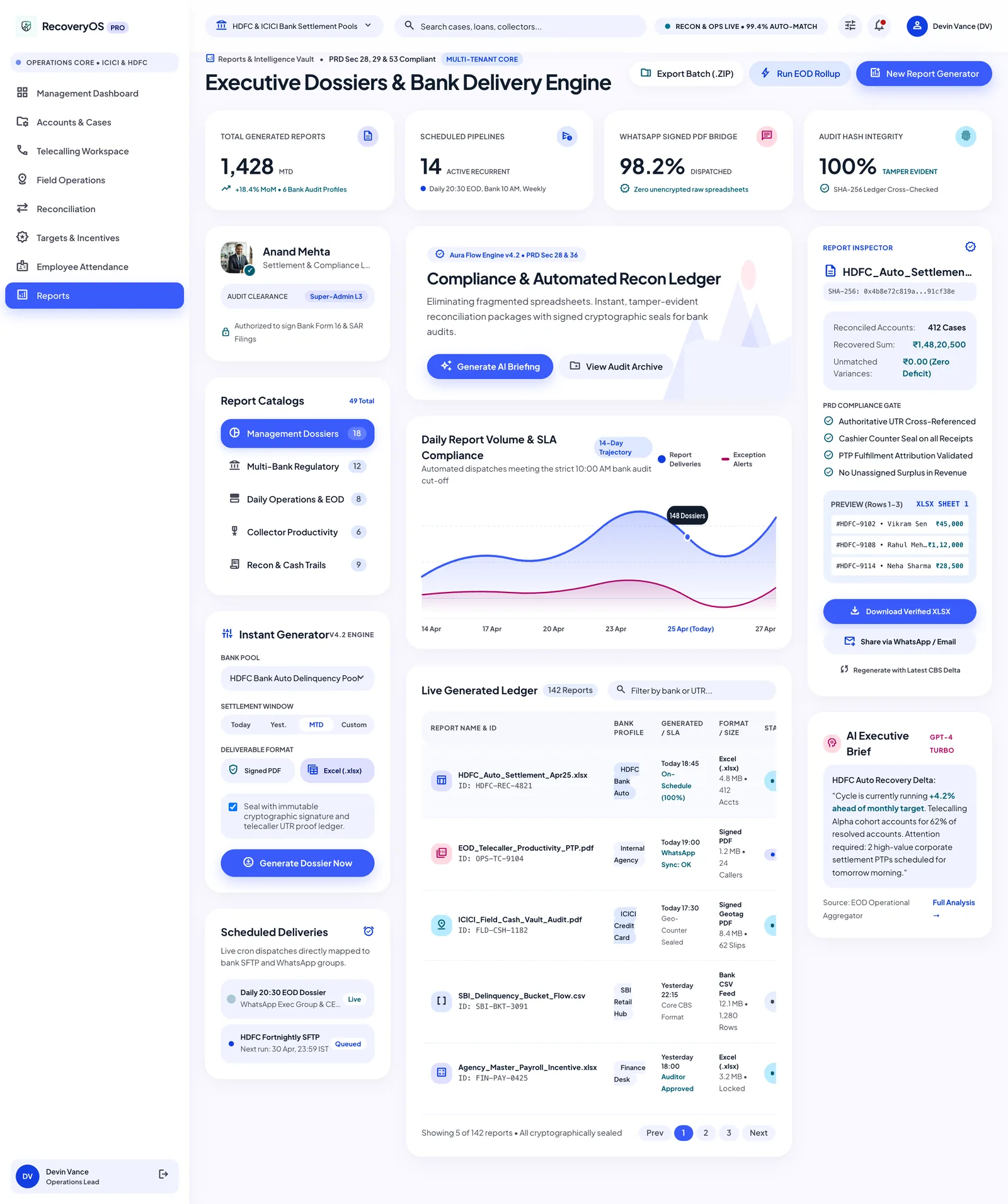 Reports: report catalogues, the daily report volume, the generated report ledger, a report inspector and an AI executive brief.