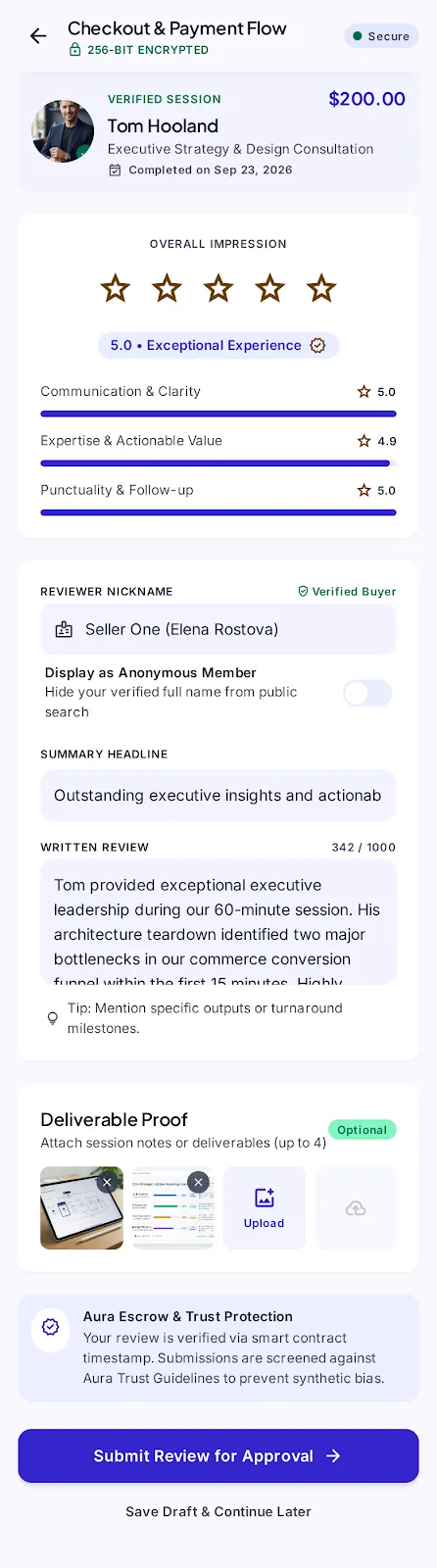 Review: star ratings overall and by topic, a nickname, a headline and a written review.