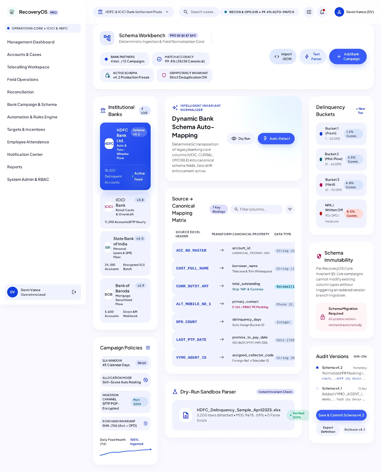 Schema workbench: the banks and their schema versions, a source-to-canonical column mapping, delinquency buckets, a dry-run parser and the version history.