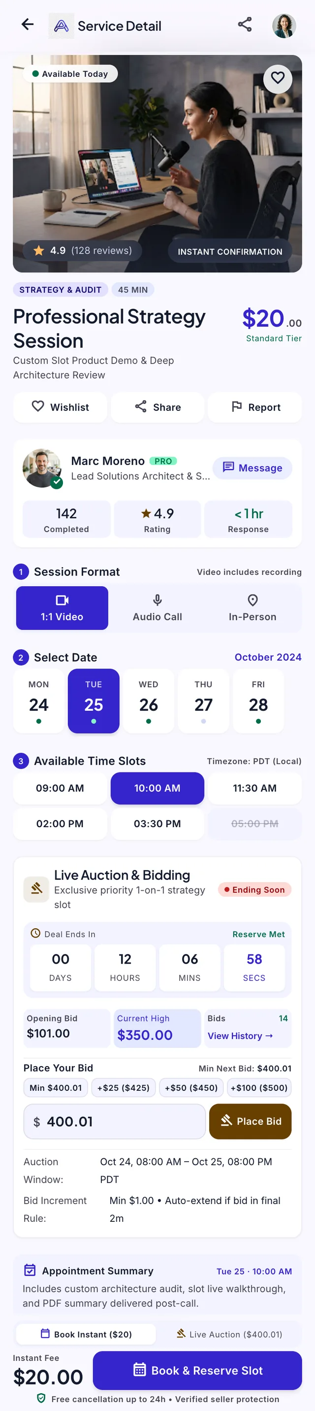 Service detail: the service and its seller, session format, a date picker, available time slots and a booking button.