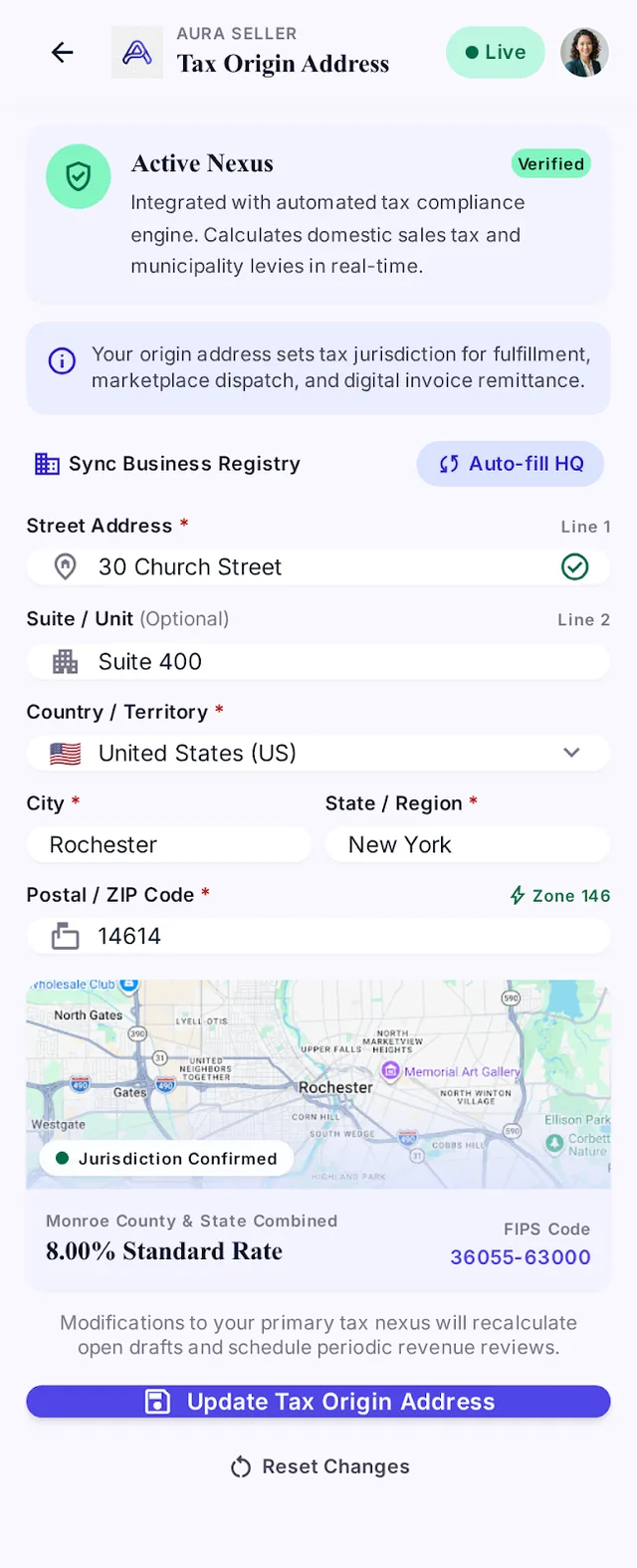 Tax origin address: the business address form with a map and the resulting tax rate.