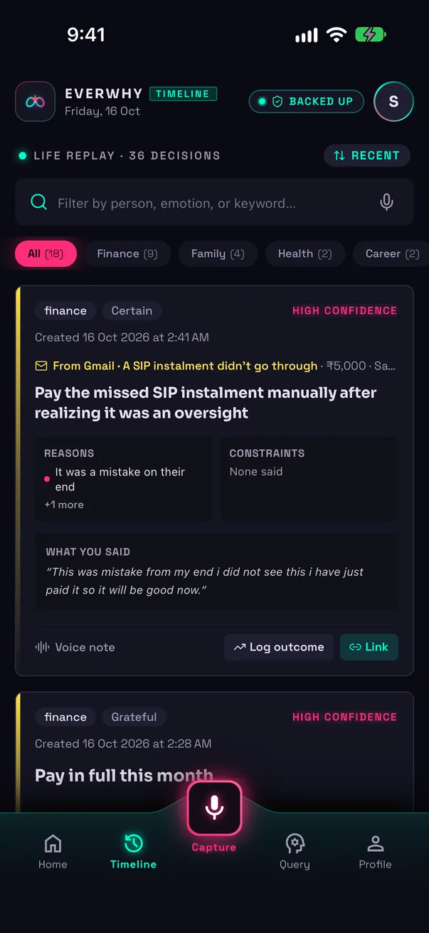 Timeline: a search box, topic filters and decision cards with their reasons and what was said.